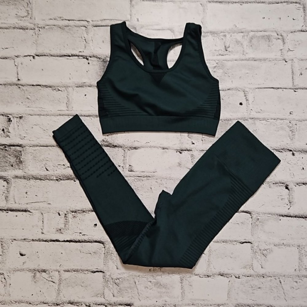 Womens Dark Green Seamless Sports Bra High Rise Leggings Workout Set Small